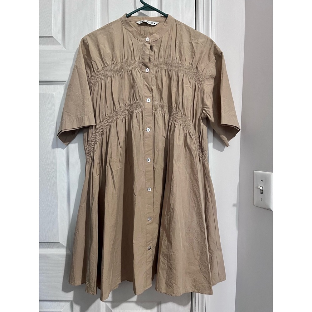 Zara Poplin Cotton Mini Dress / Beige, tan / Size XS